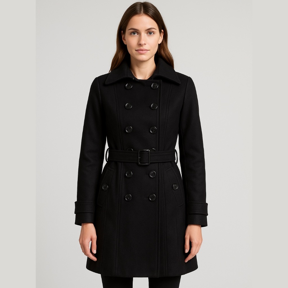 Women’s Black Wool Blend Belted Coat SZ S (New)